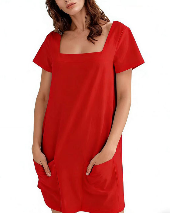 Square Neck Short-Sleeved Pocket Dress