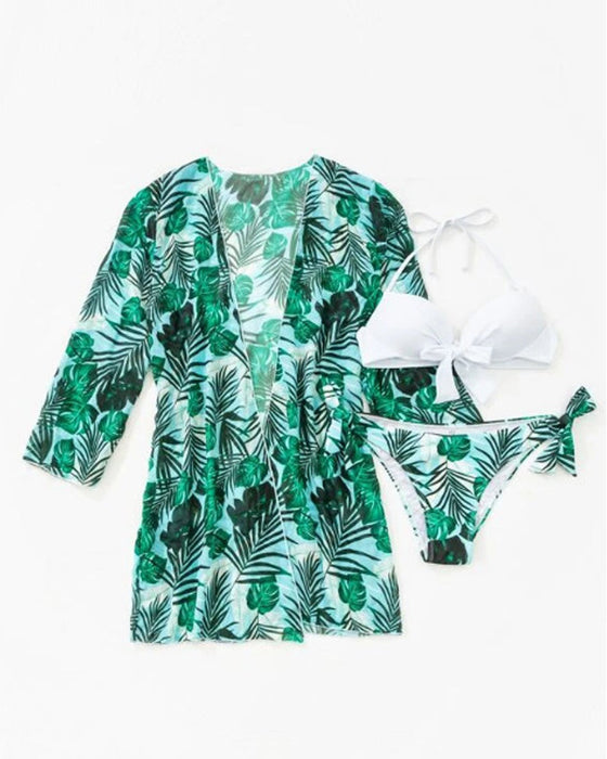 Printed bikini mesh blouse three-piece set