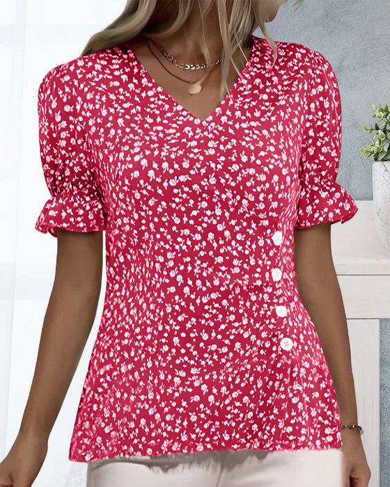 V-neck floral short-sleeved blouse