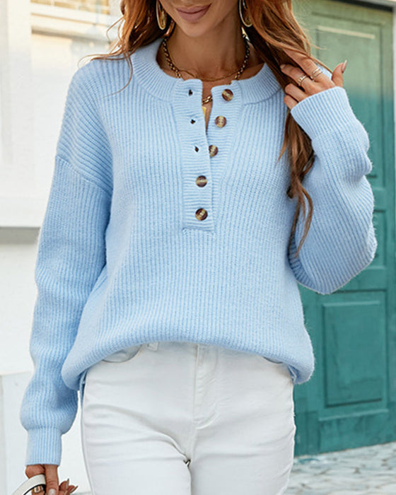 Round neck button solid pullover