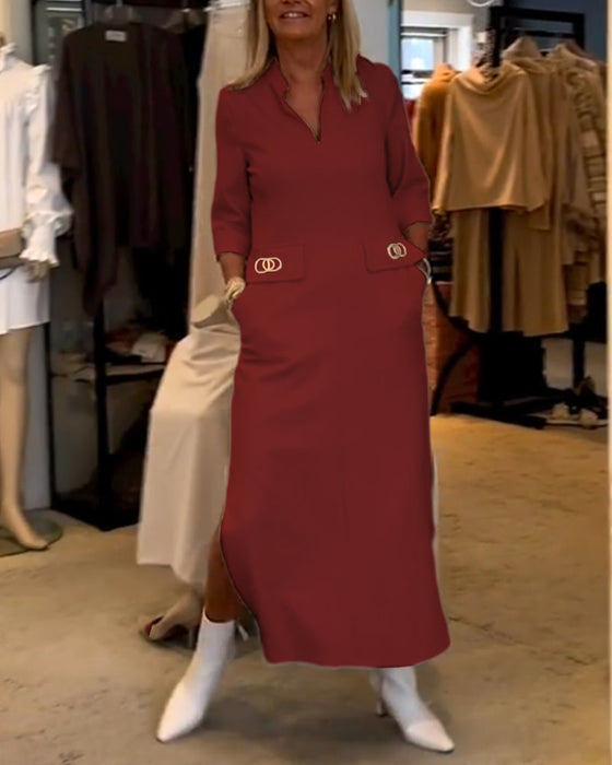 Solid color 3/4 sleeve slit dress