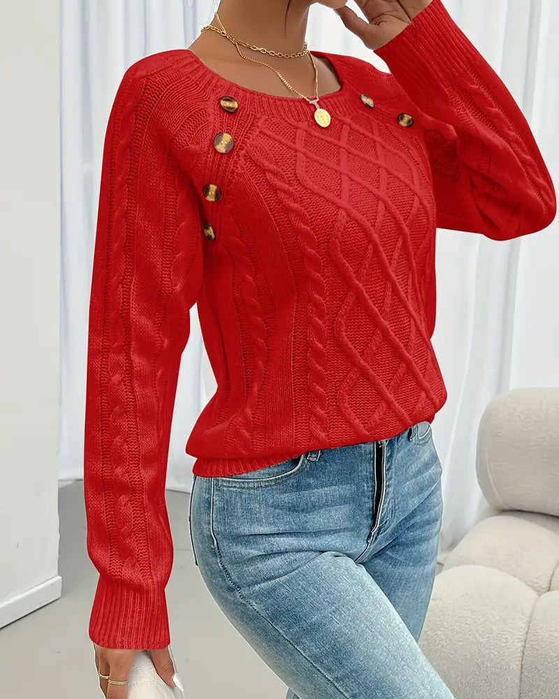 Solid Raglan Sleeve Buckle Cable Knit Sweater