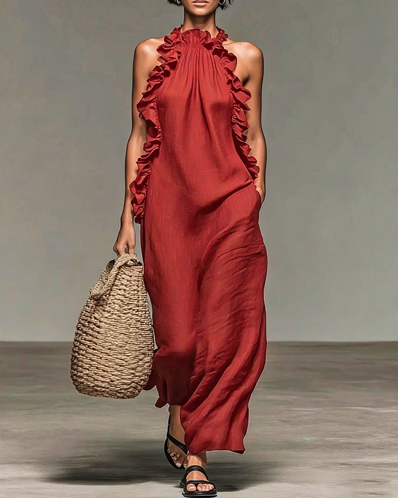 Halterneck Ruffled Long Dress