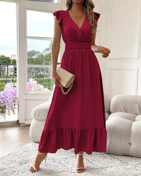 V-Neck Solid Color Waist Slim Dress