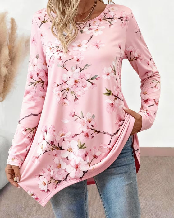 Crew Neck Floral Long Sleeve Blouse