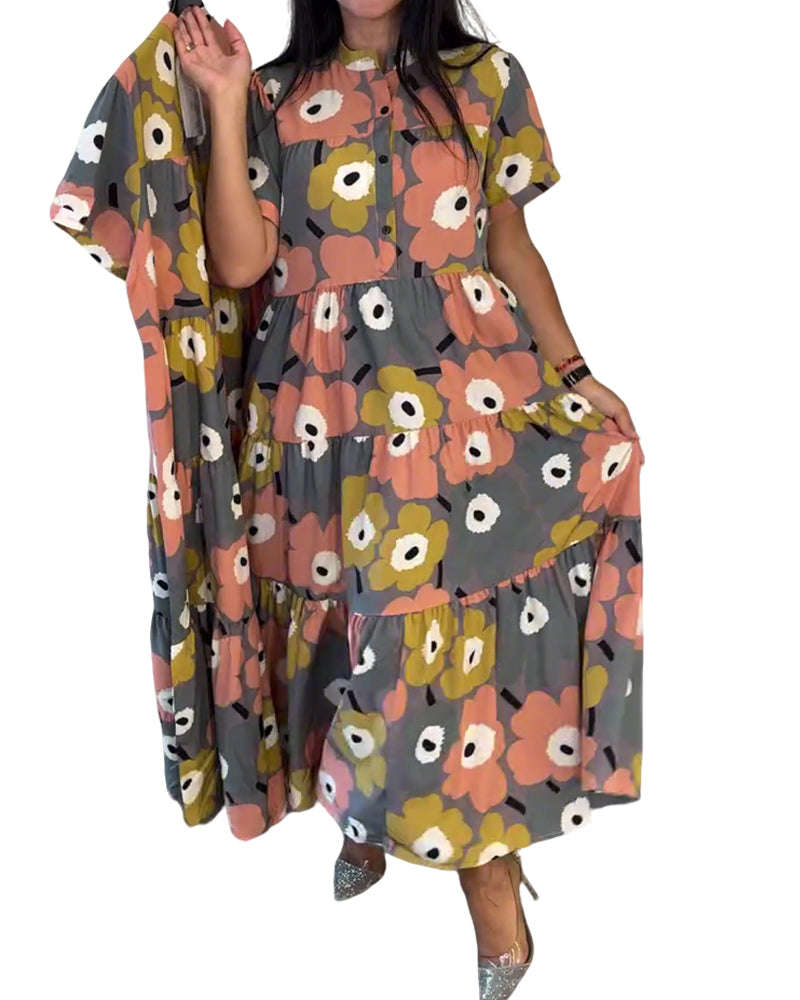 Mandarin Collar Print Layered Dresses