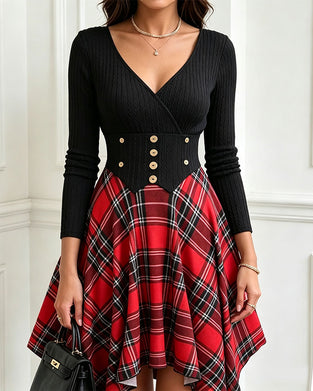 V-Neck Cross Plaid Dress