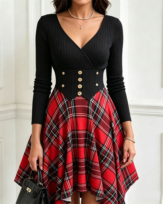 V-Neck Cross Plaid Dress