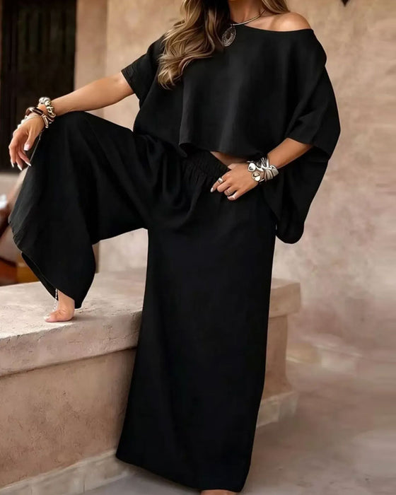 Solid Color Bat Sleeve Top Wide Leg Pants Set
