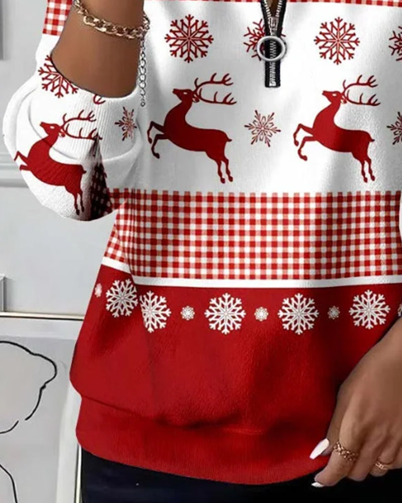 Zippered Snowflake Print Sweatshirt