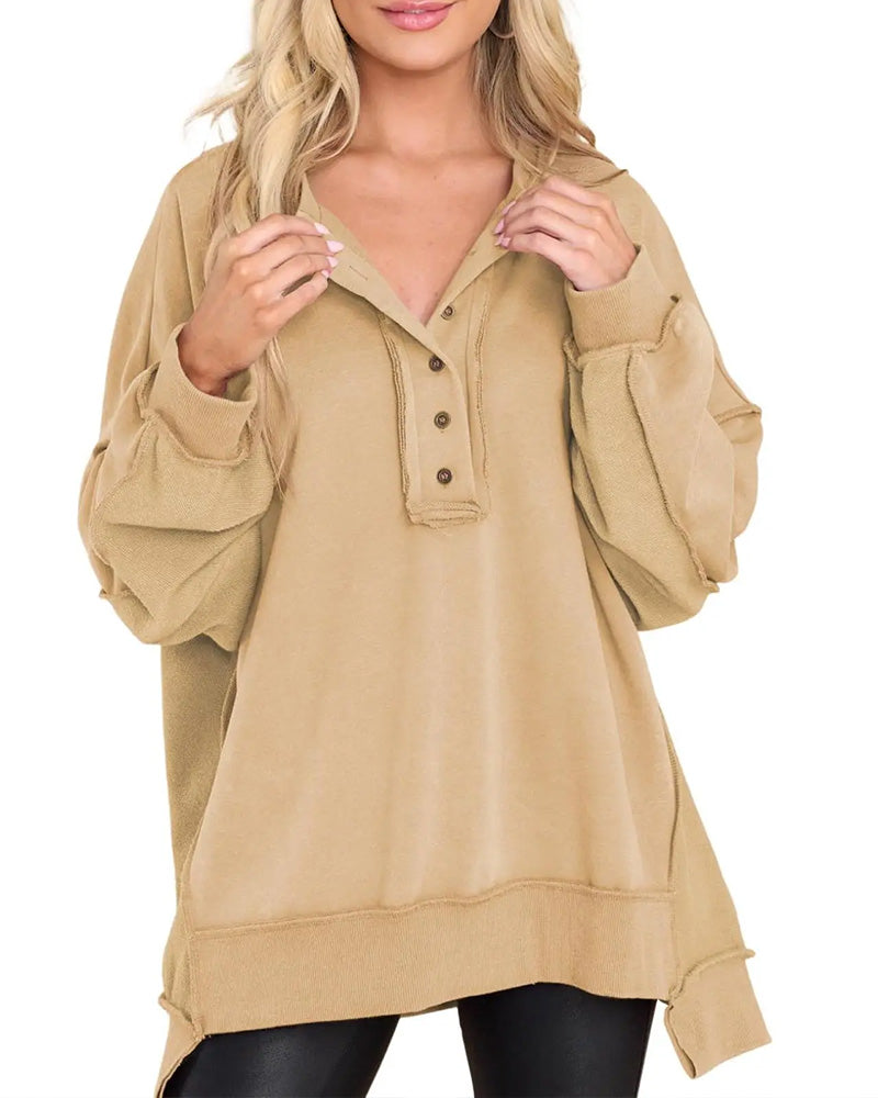 Button Irregular Solid Loose Sweatshirt