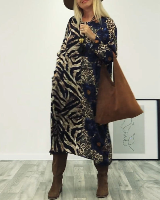 Fashionable zebra and leopard print patchwork dress