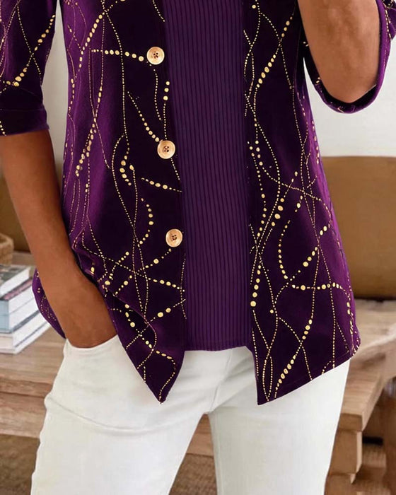 Lapel Button Front Cross Over Mock Layered Blouse