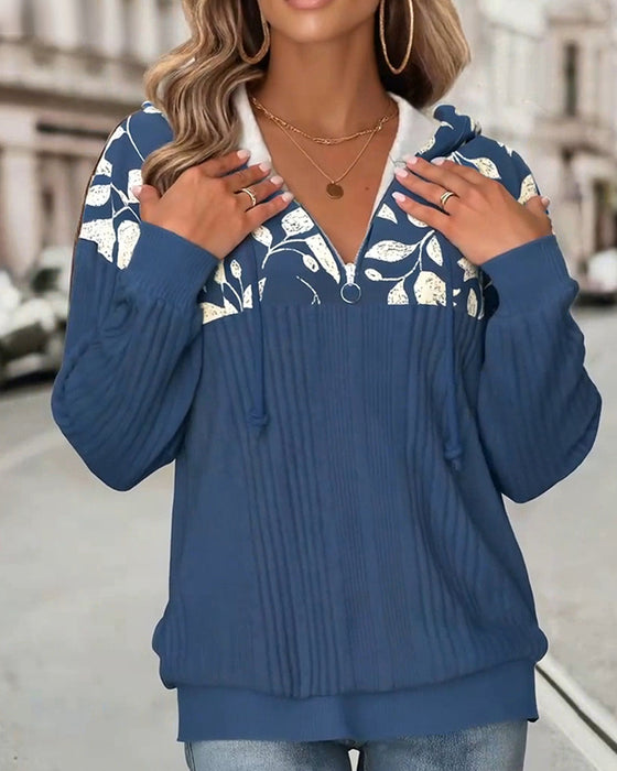 Hooded Half-Zipper Floral Printed Sweatshirt