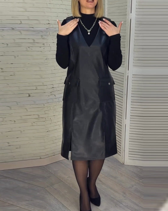 solid color dress with V-neck and Pocket