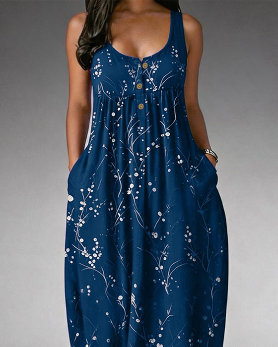 Sleeveless Button Knit Print Dress