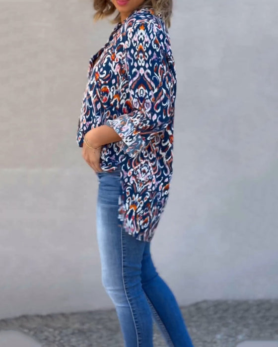 V-neck floral long-sleeved blouse