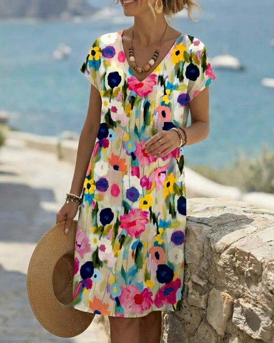 Oil Painting Floral Print Short Sleeve Dress