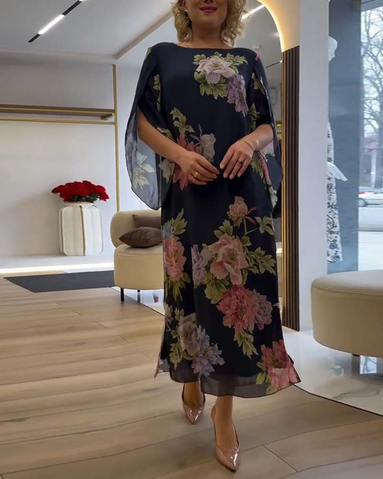 Round Neck Floral Slit Dress
