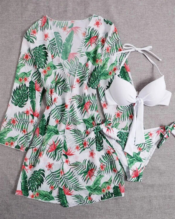 Printed bikini mesh blouse three-piece set