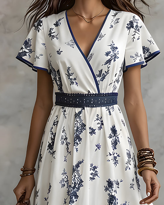 Flutter Sleeve V-Neck Cross Waist Dress