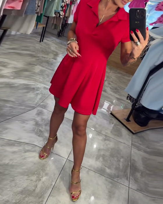 Lapel Short Sleeve Pleated A-Line Dress