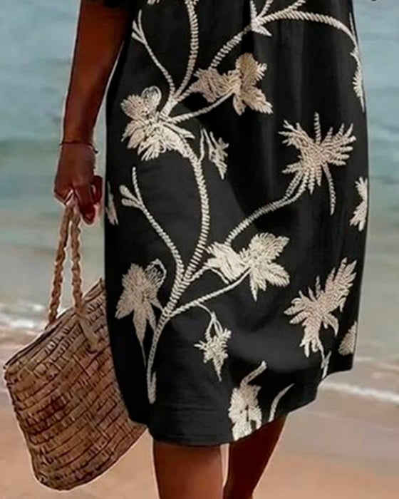 Petite V-Neck Ruffle Three-Quarter Sleeve Dress