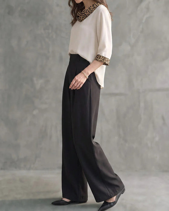 Leopard Panel Cowl Neck Elbow-Length Sleeve Blouse