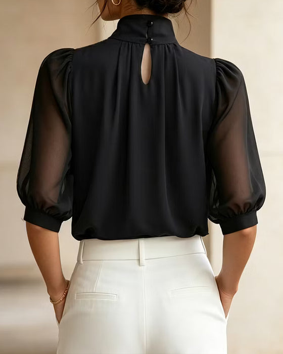 High Neck Puff Elbow-Length Sleeve Chiffon Blouse
