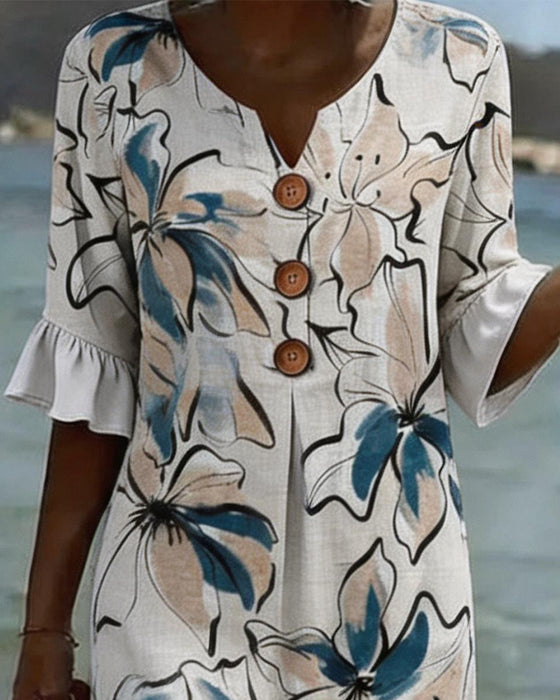 V-Neck Watercolor Floral Sheath Dress