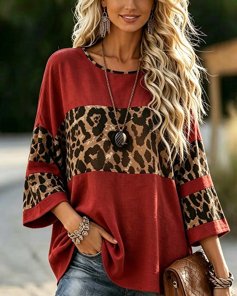 Crew Neck Leopard Color-Block Top