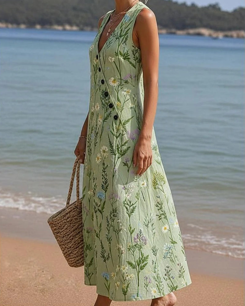 Diagonal Button Sleeveless V-Neck Floral Dress