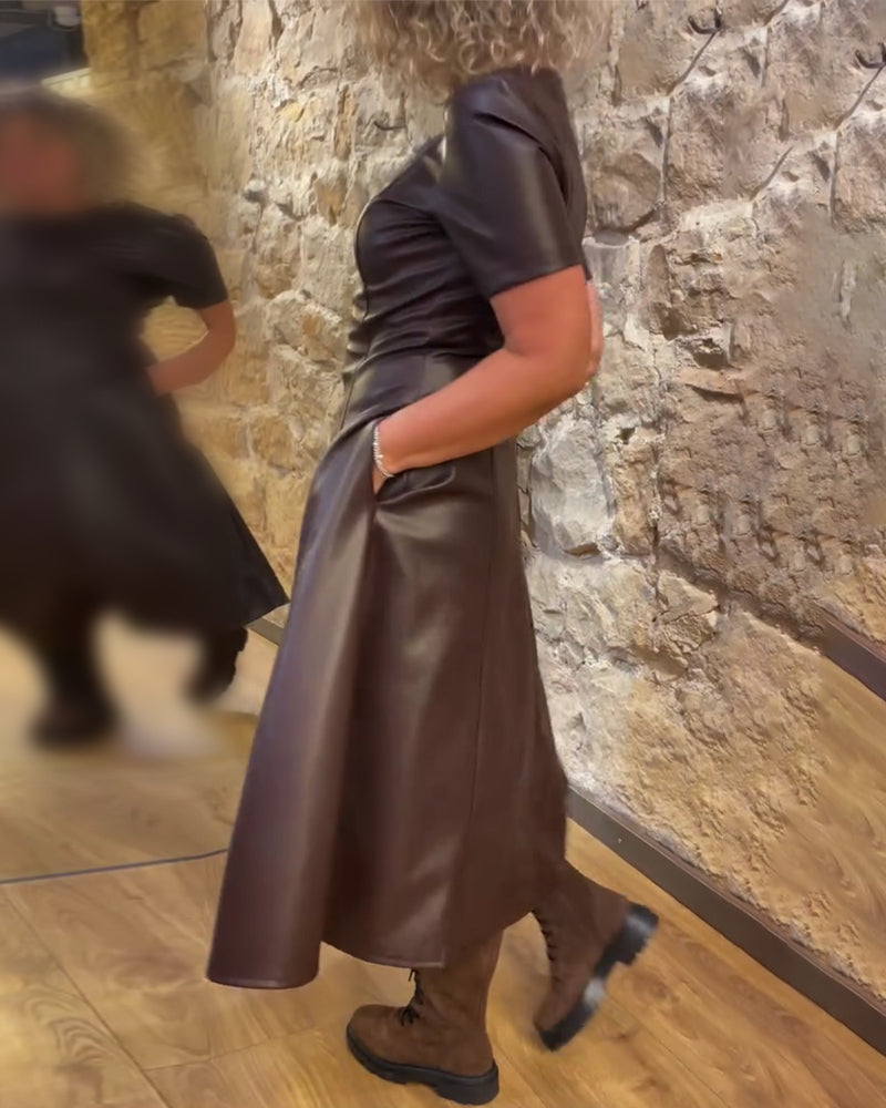 Pu Leather Waisted Short-Sleeved Dress