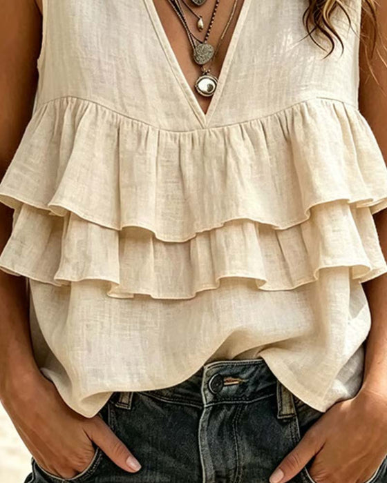 V-Neck Sleeveless Ruffled Solid Color Vest