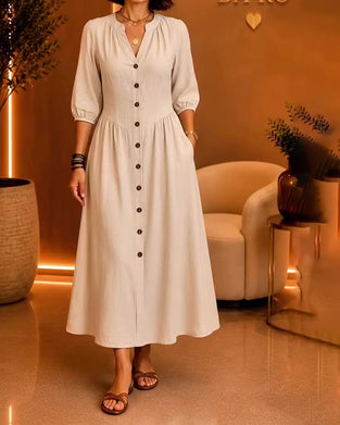 V-Neck Button Ruched Elbow-Length Sleeve Dress