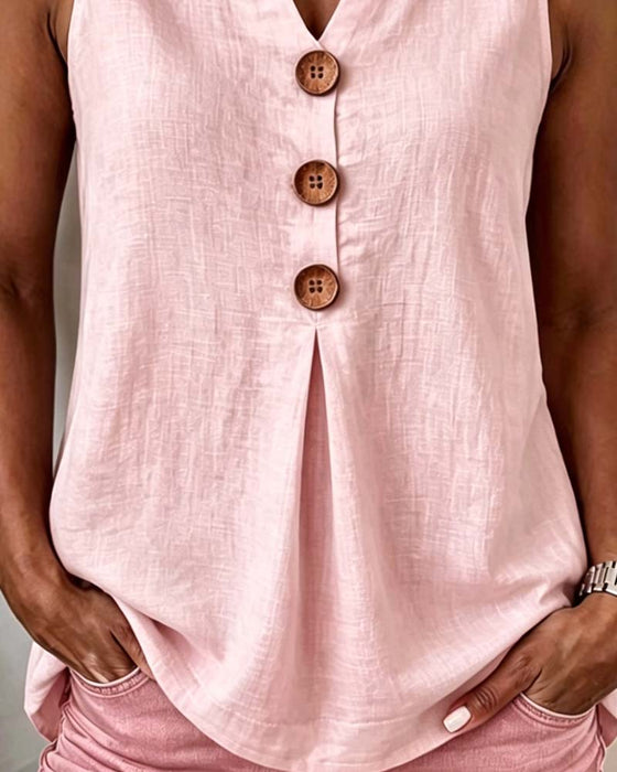 Three-Button Sleeveless Solid Color Tank Top