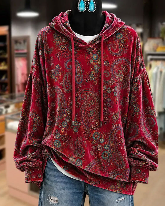 Paisley Print Velvet Hoodie