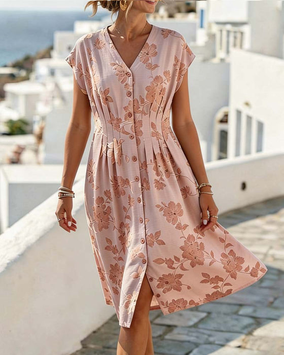 V-Neck Print Cinched Waist Button-Front Dress
