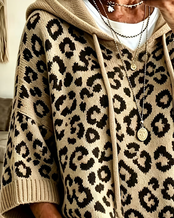 Leopard Print Mid Sleeve Pocket Hoodie