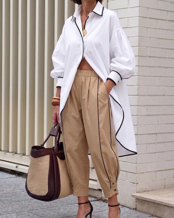 Lantern Sleeve Contrast Loose Blouse