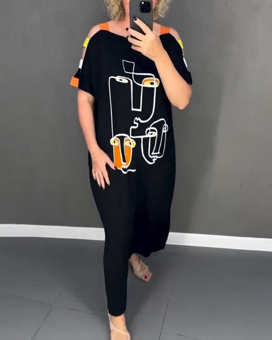 Cold Shoulder Hollow Print Slit Dress