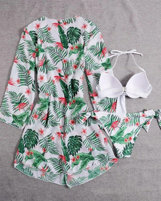 Printed bikini mesh blouse three-piece set