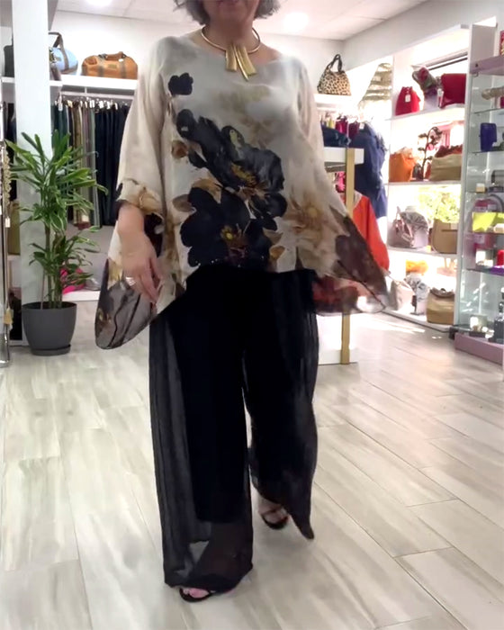 Long-Sleeved Irregular Large Flower Print Blouse