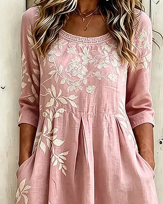 Crew Neck Floral Full Skirt Dress