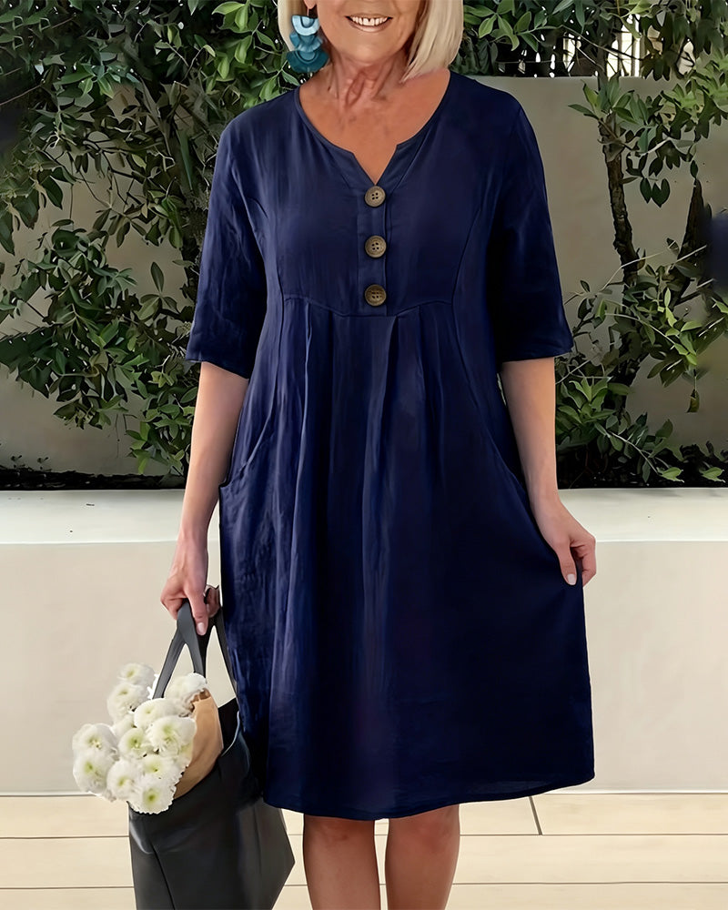 V-Neck Button-Down Casual Dress
