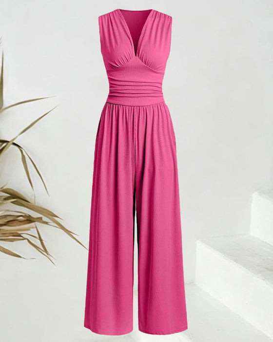 Solid Ribbed Sleeveless Jumpsuit