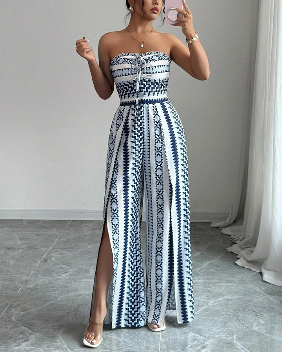 Geometric Bandeau Slit Wide Leg Jumpsuit