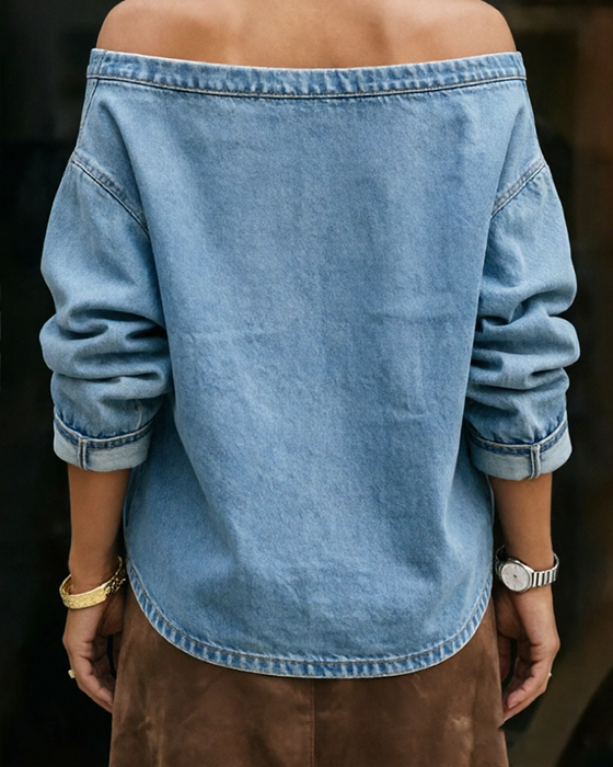 Off-Shoulder Loose Denim Long Sleeve Top