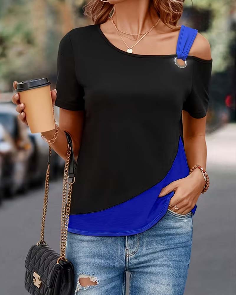 Cold Shoulder Color-Block Casual T-Shirt