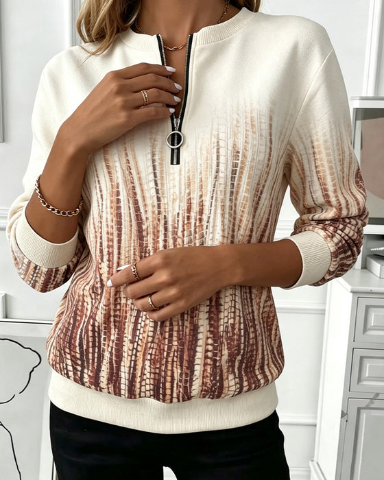 Gradient Round Neck Zipper Long Sleeve Sweatshirt